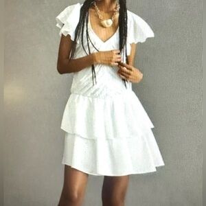 Love The Label Anthropologie White Fairy Ruffled Tiered V-Neck & V-Back Dress M